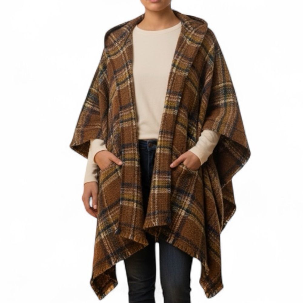 World Market Plaid Orange/Blue Fringe Poncho(Size One Size)